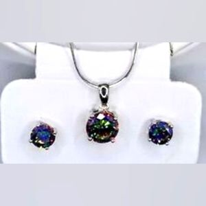 Mystic Rainbow CZ Sterling Silver SET Earrings & Necklace Chain 16"